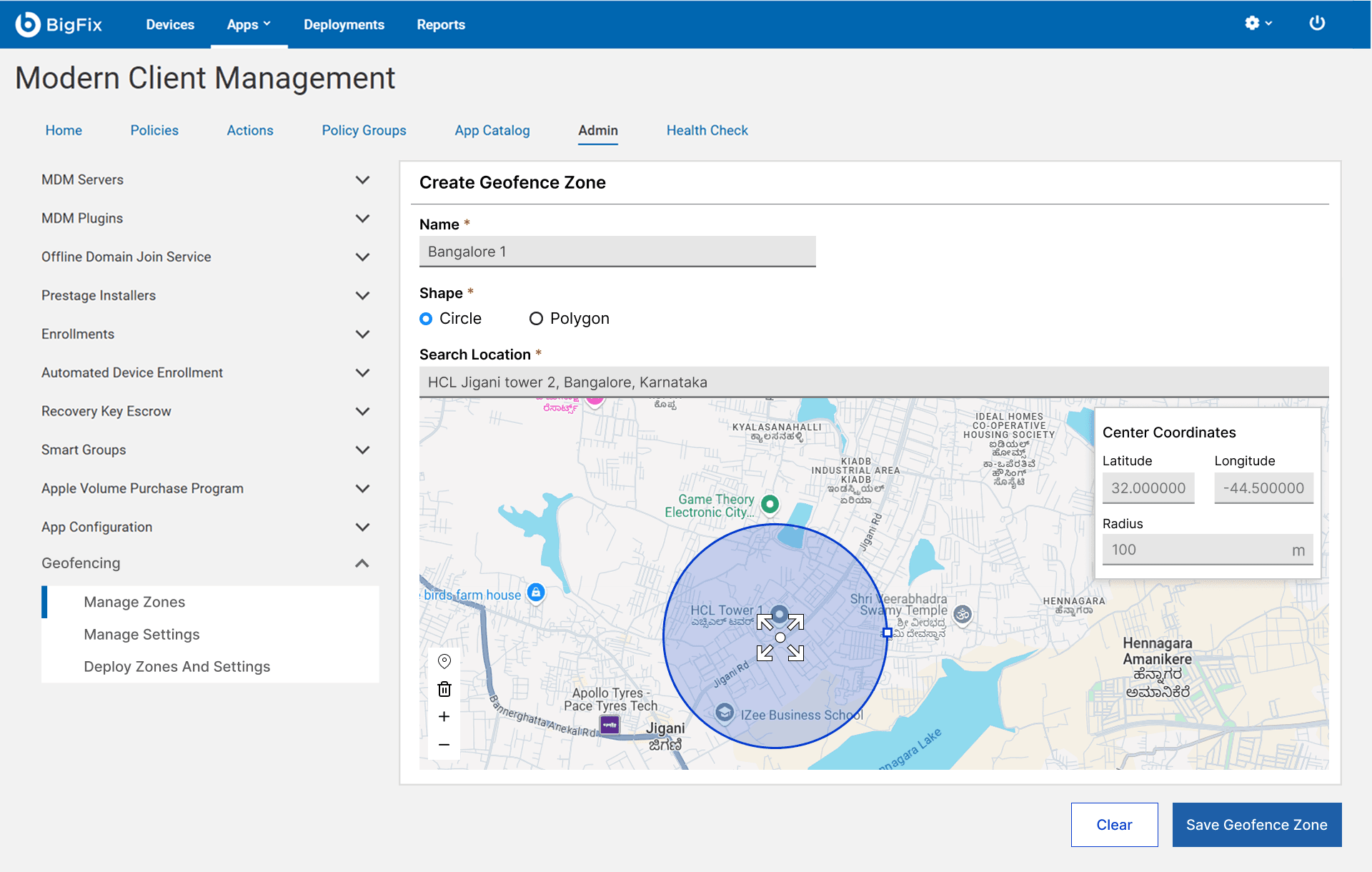 A finished circular geofence with a move handle at its center for repositioning the shape.
