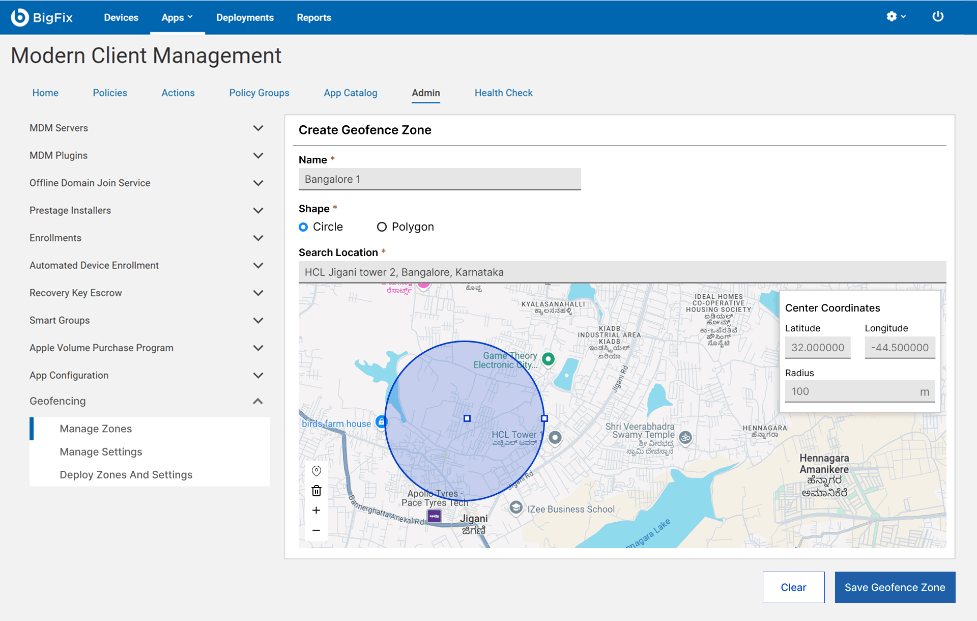A finished circular geofence on the map with its center coordinates and 100-metre radius shown in the panel.