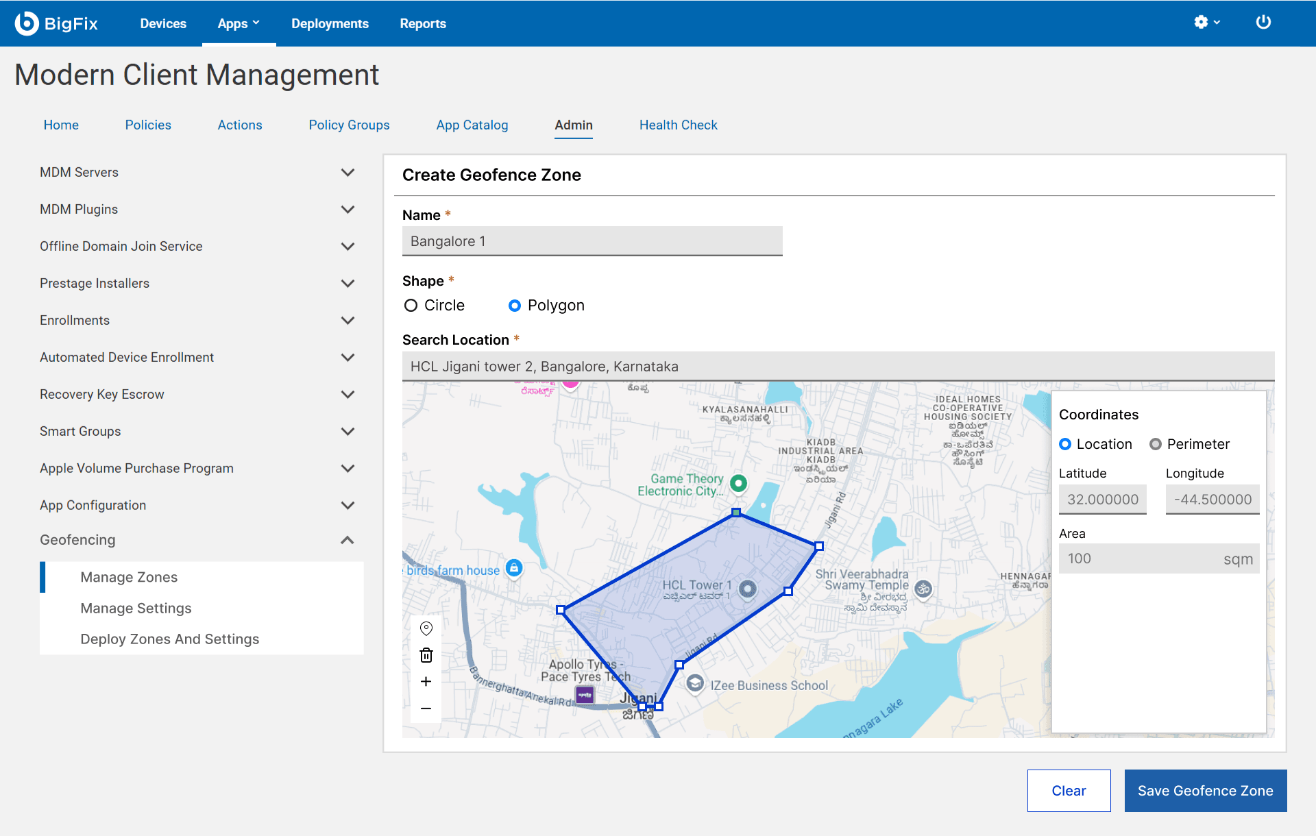 A completed polygon geofence on the map with its perimeter and area shown in the coordinates panel.