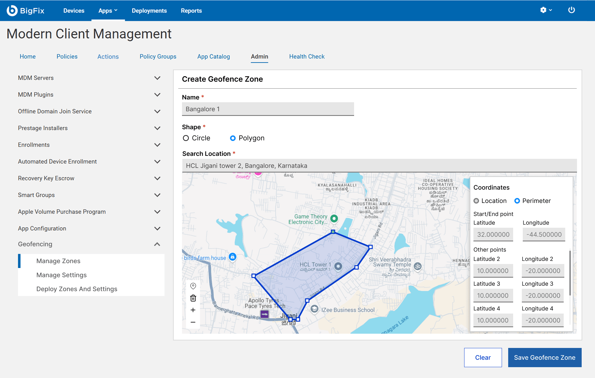 The polygon geofence with the Perimeter view selected, listing the start and end point and every other latitude and longitude around the shape.