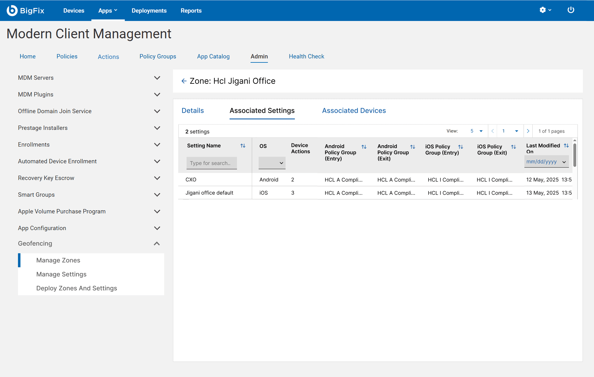 The geofence edit page open on the Associated Settings tab, listing the settings mapped to the zone with per-OS entry and exit policy groups.