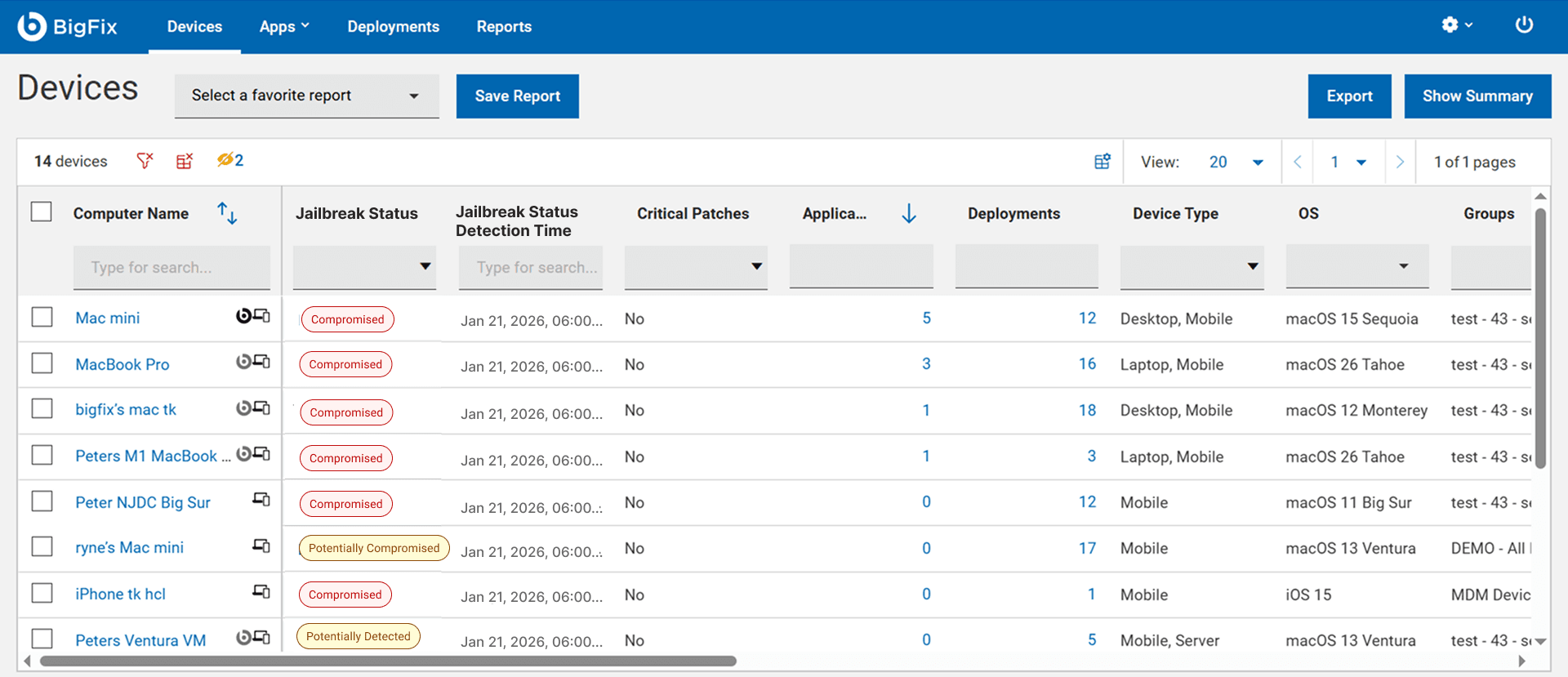 The Devices page filtered down to jailbroken devices, marked Compromised or Potentially Compromised.