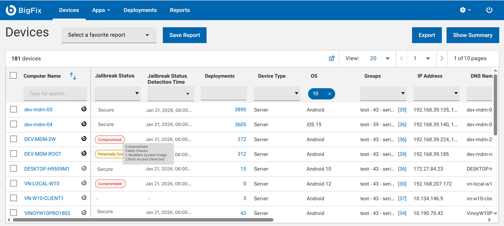 The Devices page with a Jailbreak Status column showing Secure, Compromised and Potentially Compromised, with a hover tooltip listing failed checks.