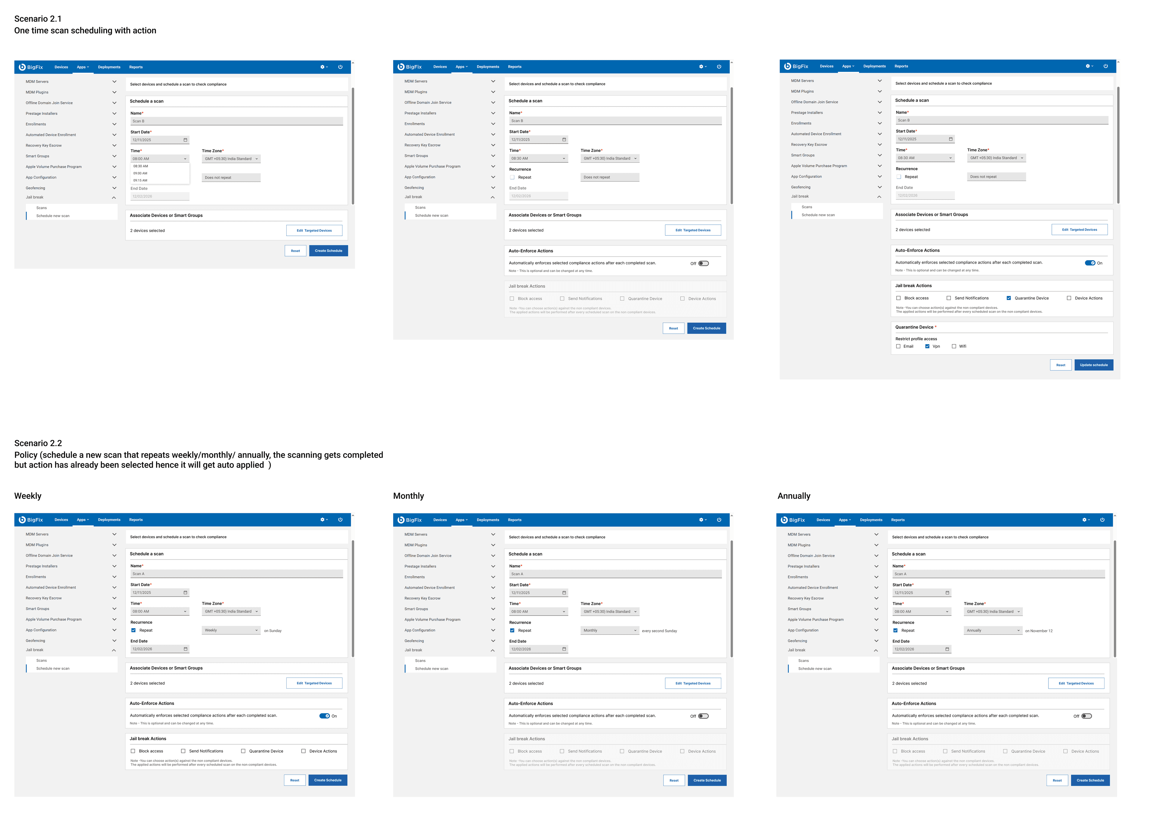 A wireframe board exploring scan scheduling, including one-time scans with auto-enforced actions and recurring weekly, monthly and annual runs.