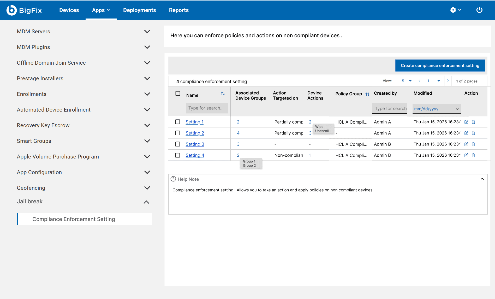 The Compliance Enforcement Setting list under the new Jail Break section in Admin: a table of settings with associated device groups, action targeted on, device actions, policy group and who created them.