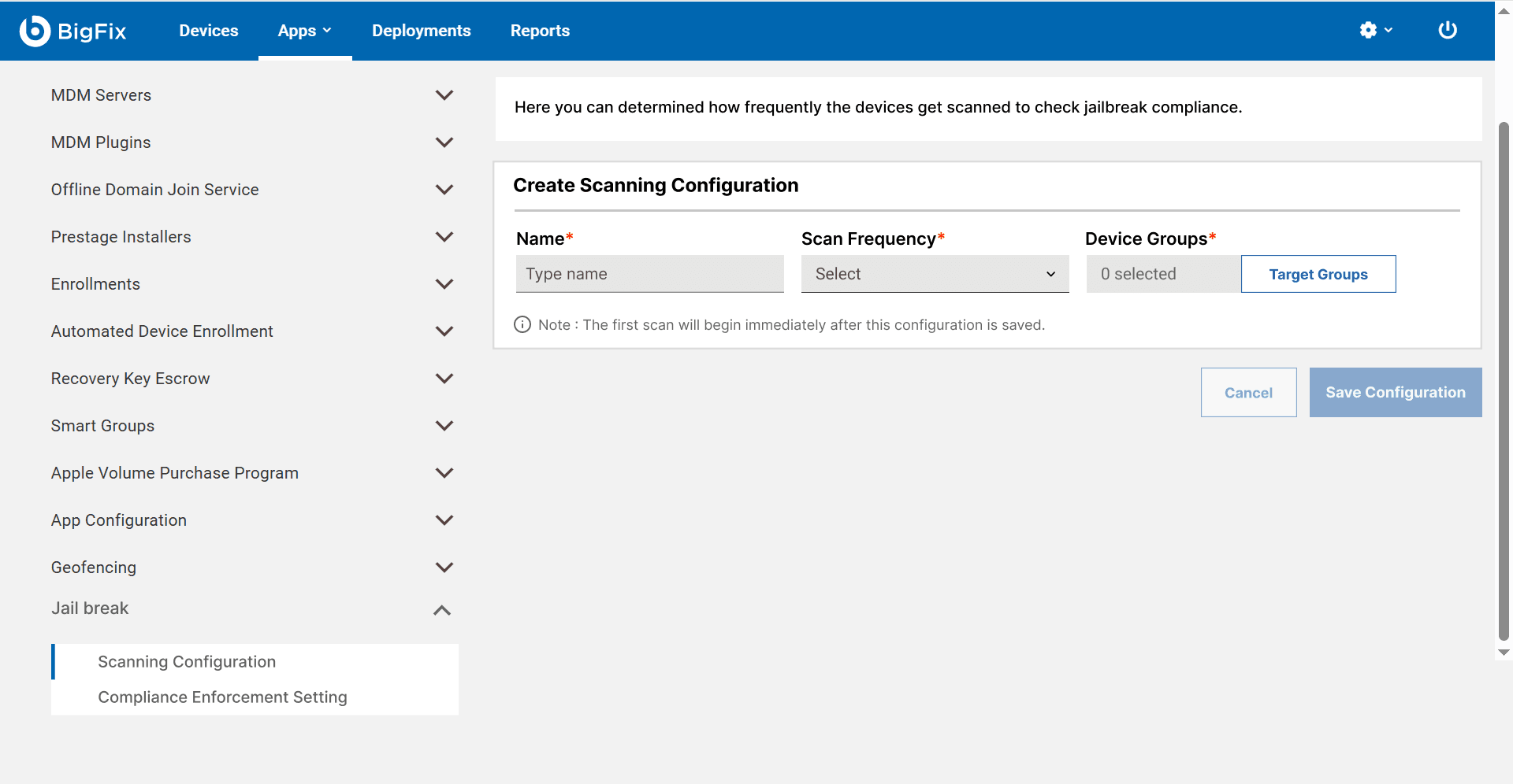 The Create Scanning Configuration screen with fields for name, scan frequency and device groups.