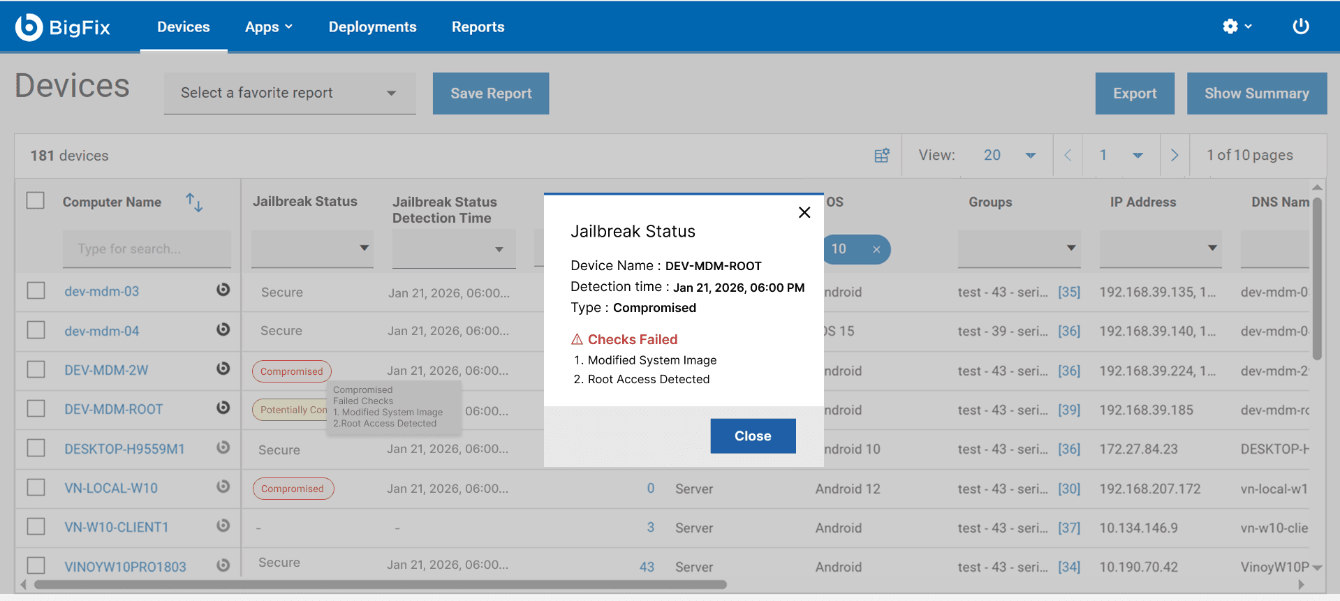 A Jailbreak Status popup for a compromised device, listing failed checks such as a modified system image and root access detected.