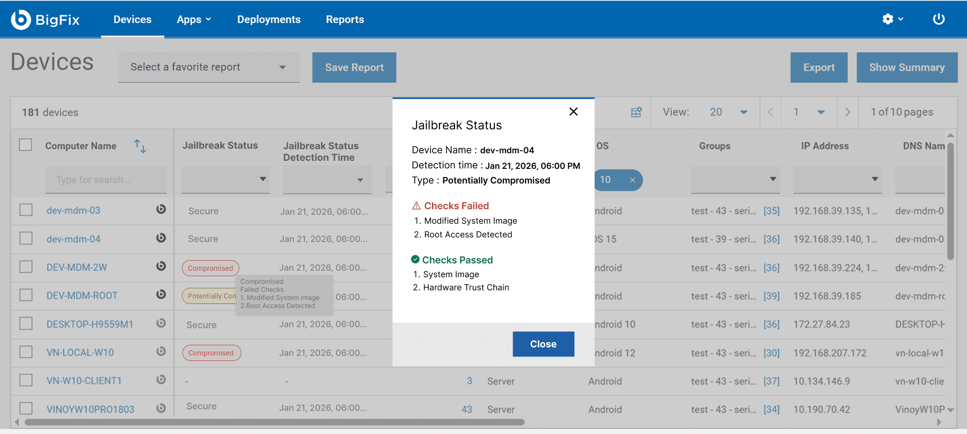 A Jailbreak Status popup for a potentially compromised device, showing both checks failed and checks passed.
