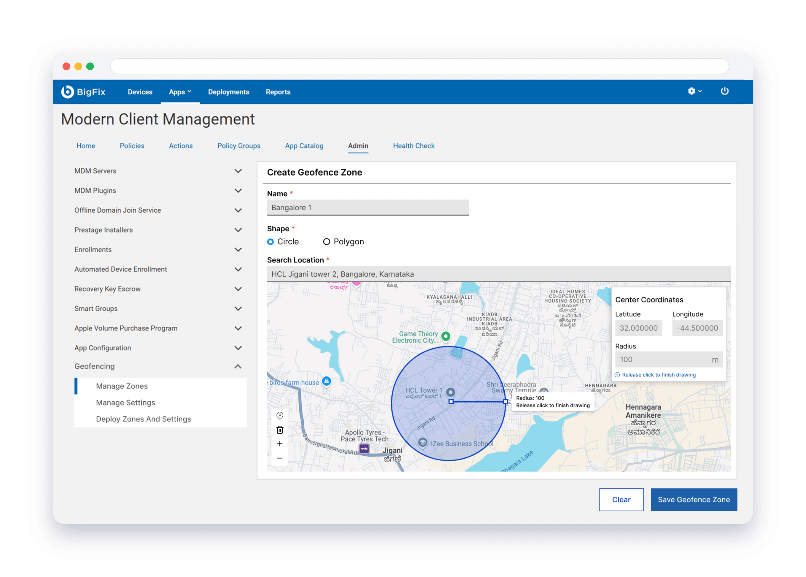 The Create Geofence Zone screen in BigFix MCM: name, shape and search fields above a map with a circular geofence drawn over Bangalore and a center-coordinates panel.