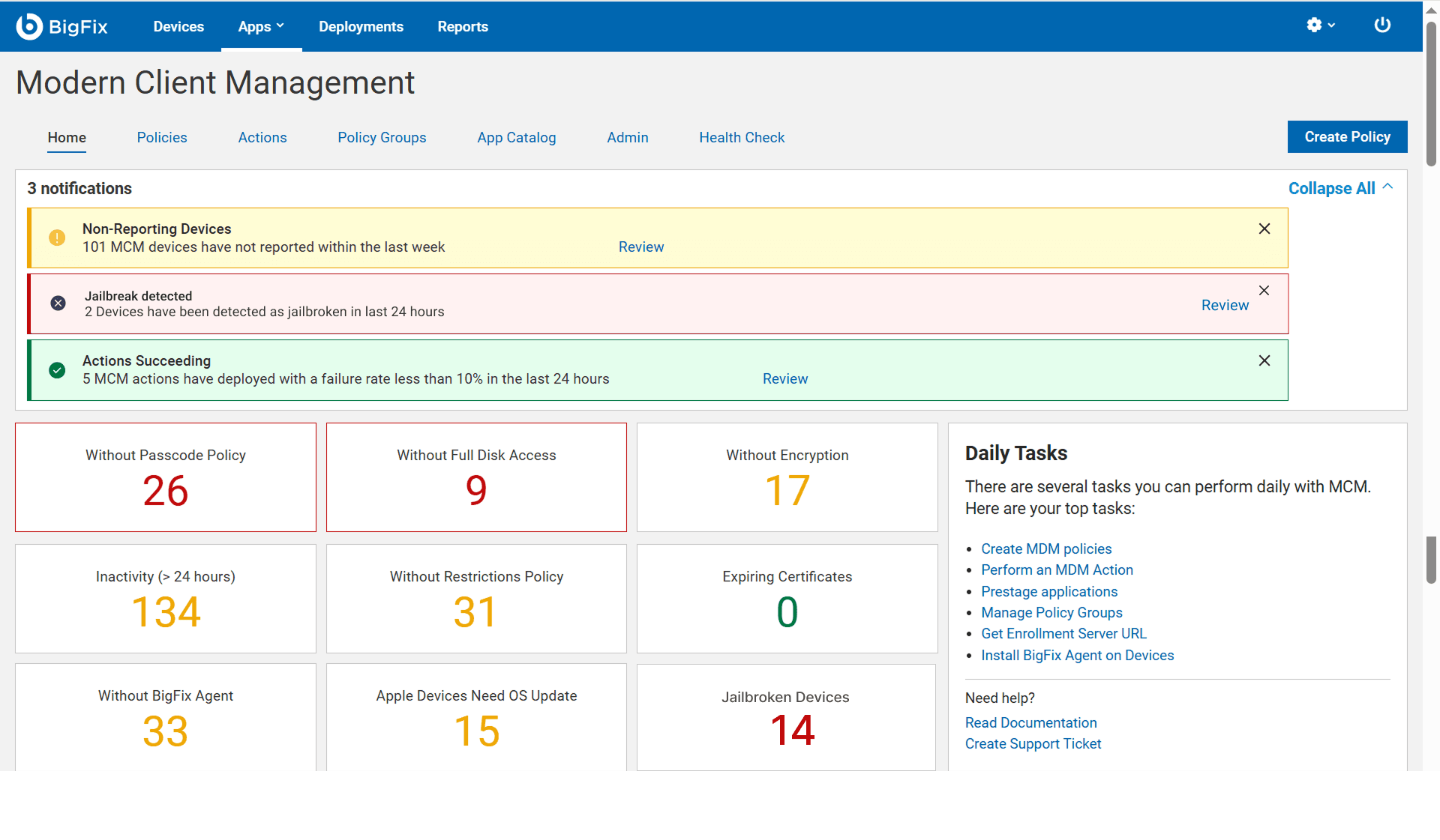 The MCM home dashboard with a jailbreak detected notification banner and a KPI card counting fourteen jailbroken devices.