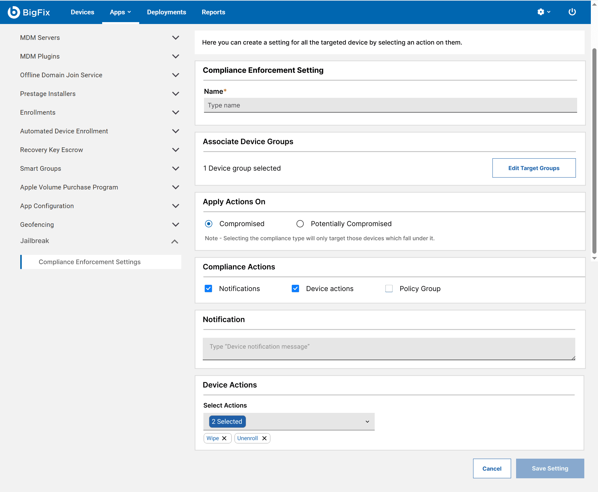 The lower half of the create setting form, with compliance actions for notifications and device actions, a notification message field, and selected device actions wipe and unenroll.
