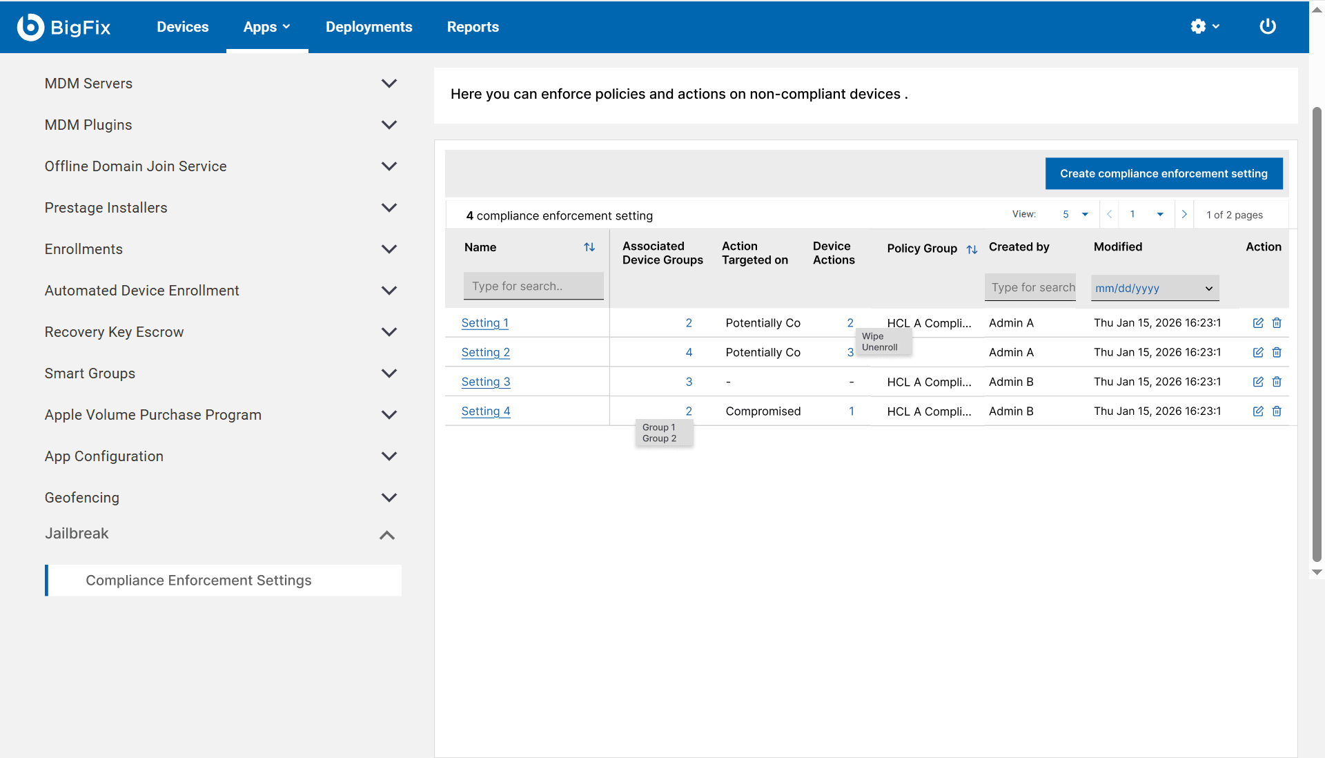 The Compliance Enforcement Settings list under Admin, a table of settings with associated device groups, action targeted on, device actions, policy group and who created them.