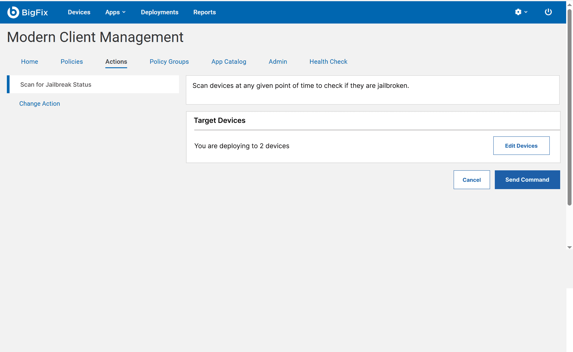 The Actions page with a Scan for Jailbreak Status action, a description, target devices, and a send command button.
