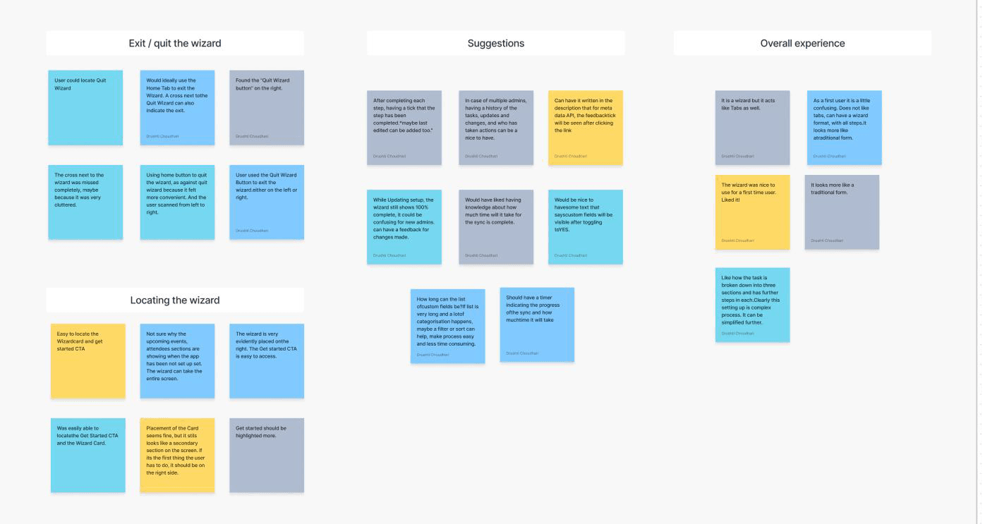 A second affinity mapping board with clusters under exit or quit the wizard, suggestions, overall experience, and locating the wizard.