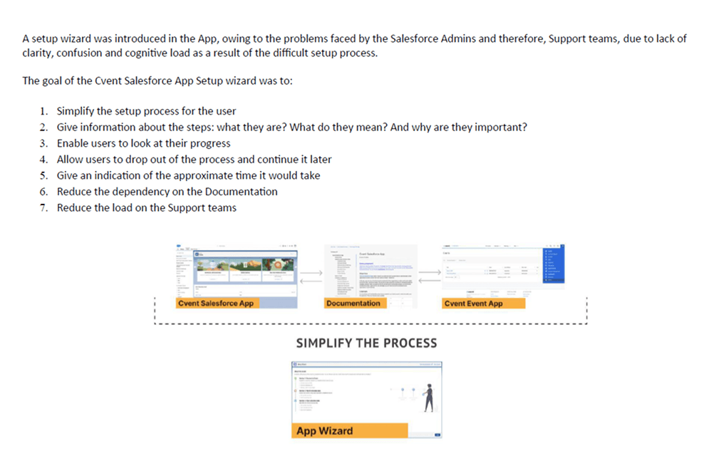 A slide listing the seven goals of the Cvent Salesforce App setup wizard, above a diagram showing the old flow across the Cvent app, documentation and event app being simplified into a single app wizard.