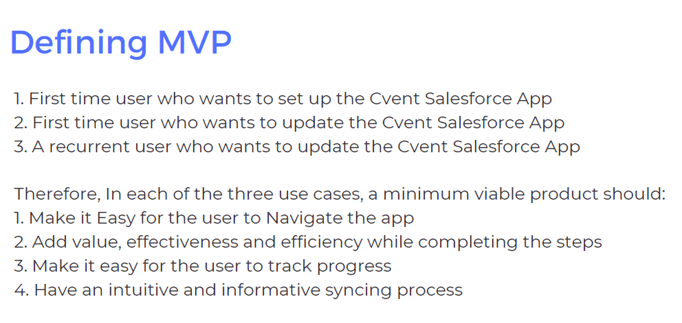 A slide defining the MVP: three user types who set up or update the Cvent Salesforce App, and four things the product should do, from easy navigation to an intuitive and informative syncing process.