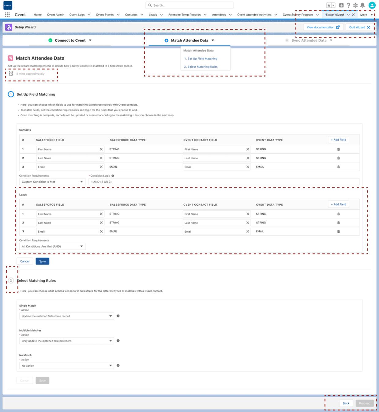 The redesigned Match Attendee Data section, annotated with callouts on set up field matching, condition logic, the leads table, and the select matching rules for single, multiple and no match.