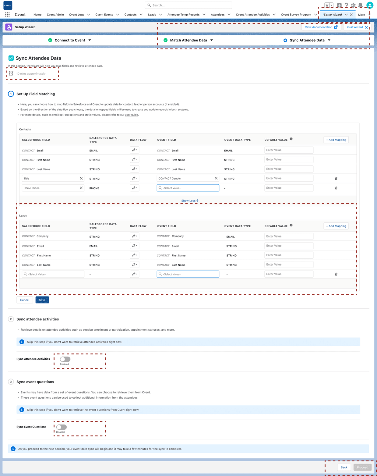 The redesigned Sync Attendee Data section, annotated with callouts on field matching for contacts and leads, the sync attendee activities and sync event questions toggles, and the navigation controls.