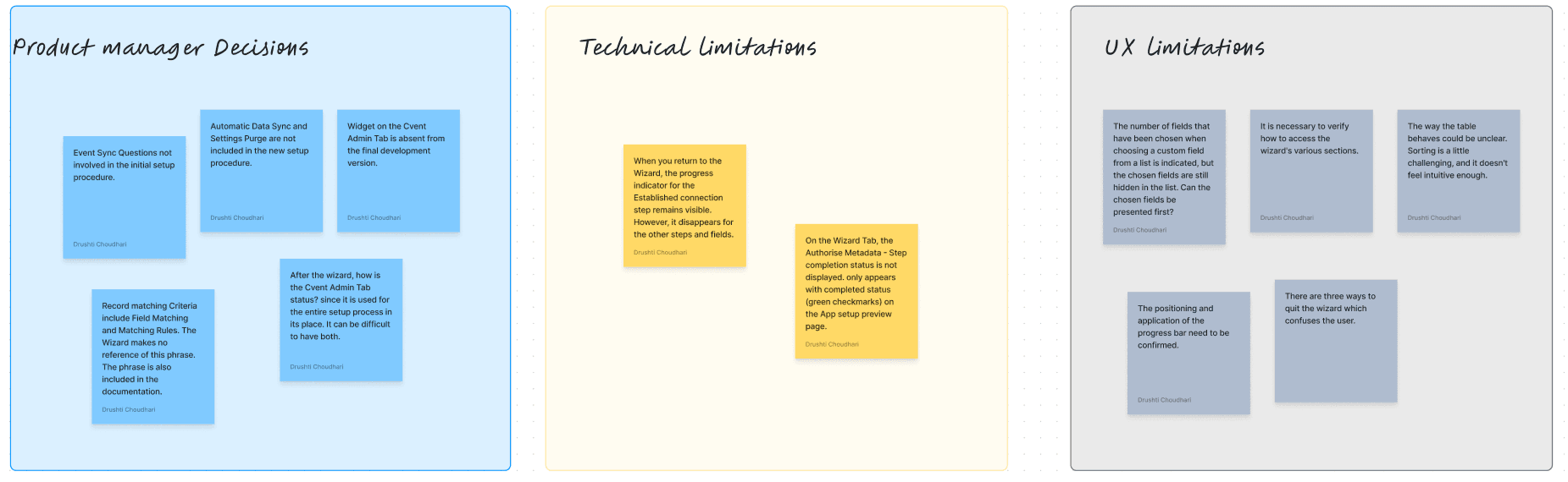 A three column sticky note board titled Product manager decisions, Technical limitations and UX limitations, each column holding several notes about the setup wizard.