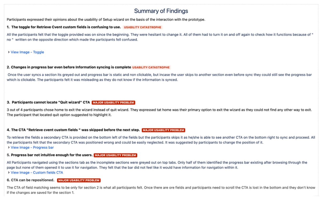 A summary of findings page listing six problems with severity tags, from the two usability catastrophes about the toggle and the progress bar down to major usability problems about the quit option and the call to action.