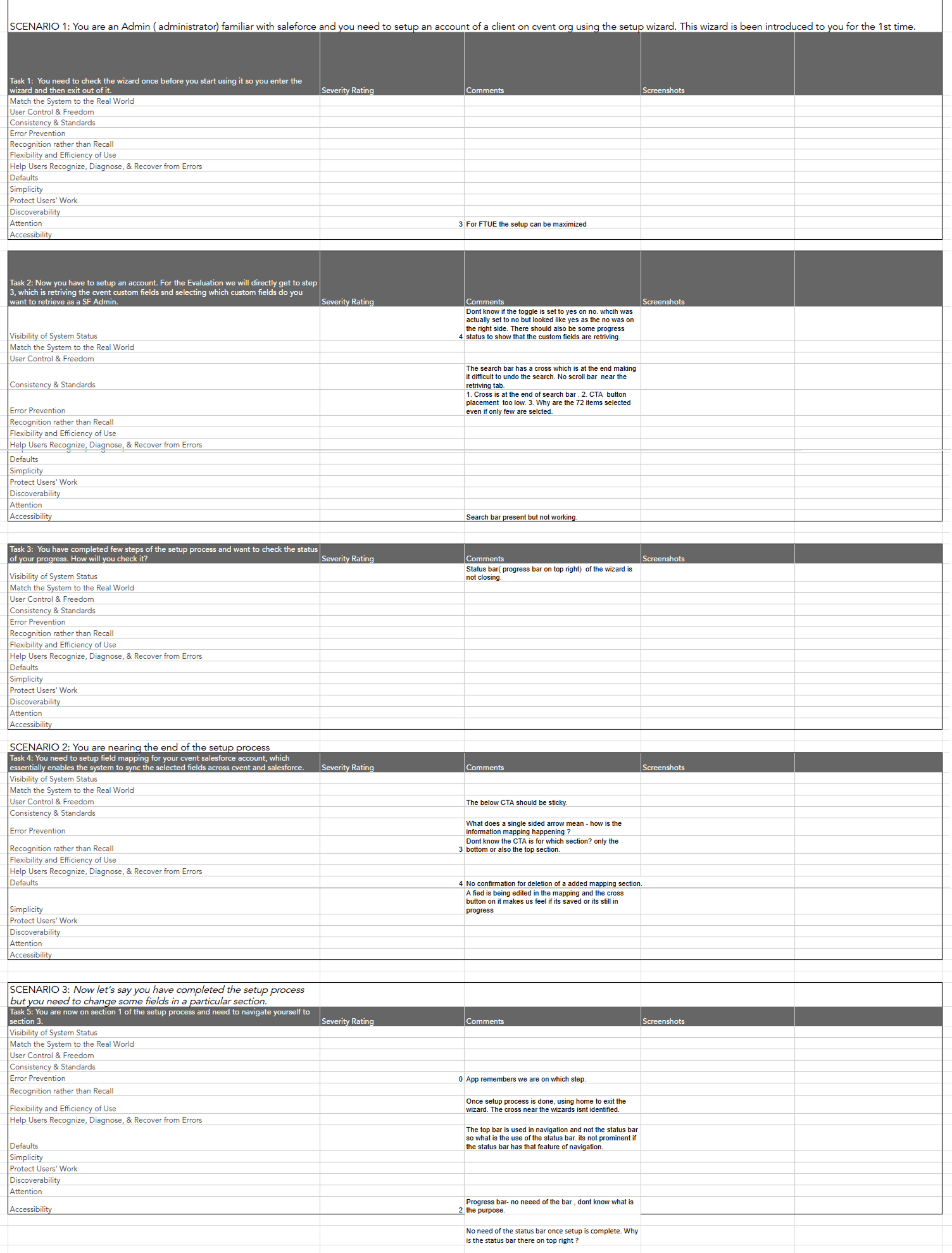 The scenario and task template, listing three scenarios and five tasks, each with a column of heuristics to rate, a severity rating column and a comments column, with some cells already filled in.