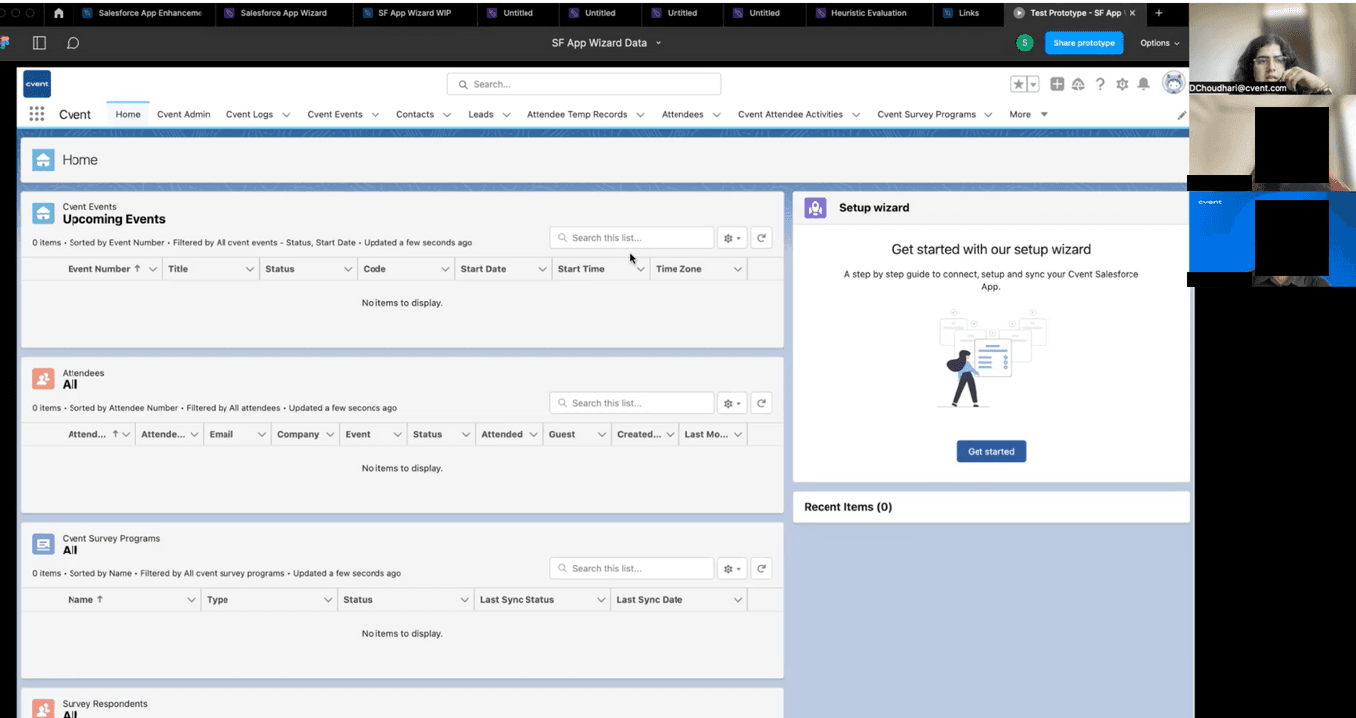 A screenshot of a live evaluation session: the Cvent Salesforce prototype open in Figma with the setup wizard card visible, and participant video tiles in the corner.