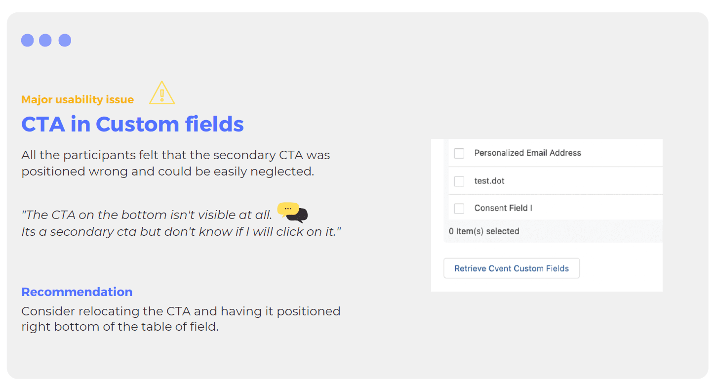 A recommendation card titled CTA in Custom fields, tagged major usability issue, showing the custom fields list with the Retrieve Cvent Custom Fields button, and a recommendation to relocate the call to action.