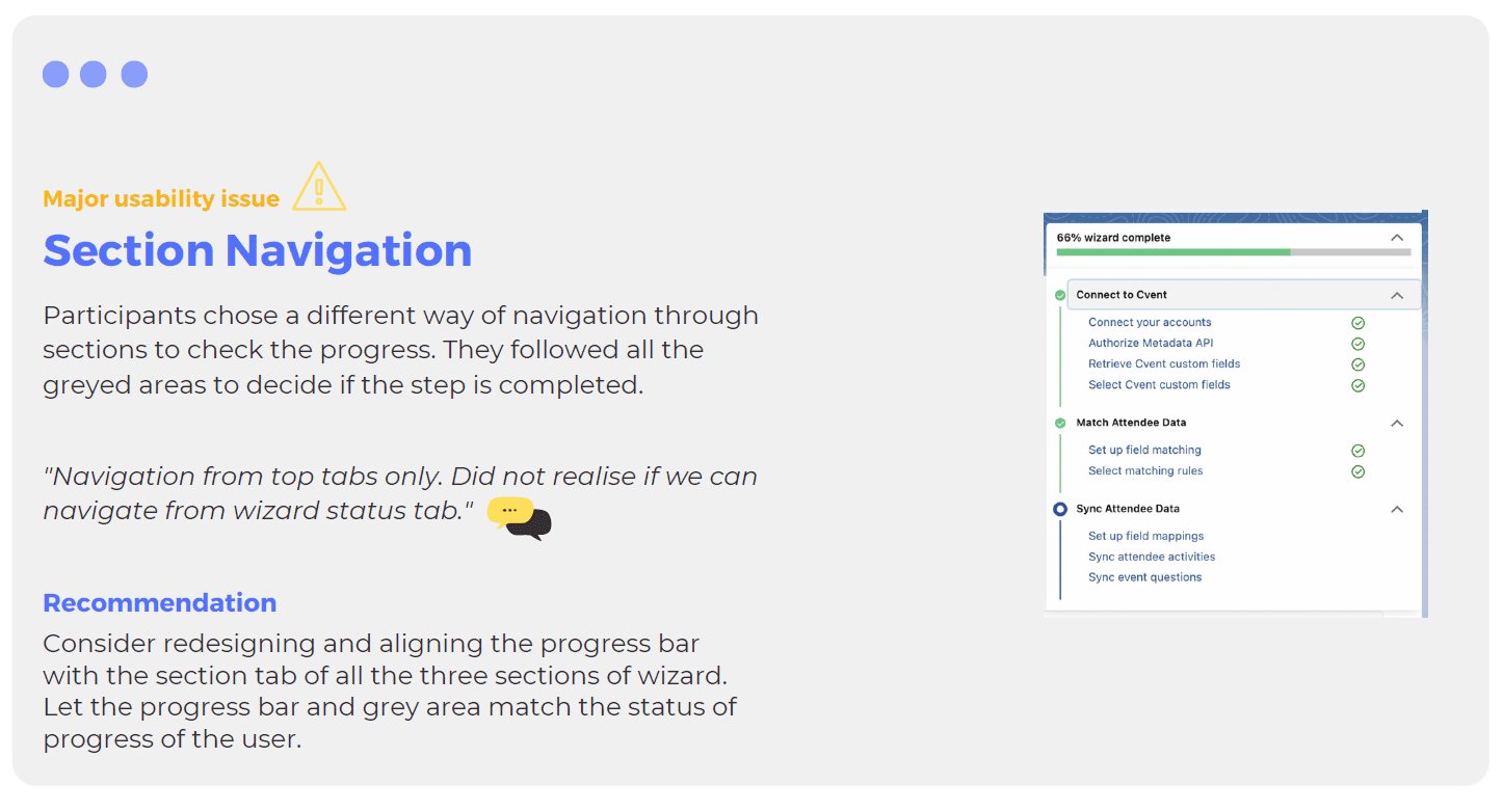 A recommendation card titled Section Navigation, tagged major usability issue, showing the wizard progress bar at sixty six percent, and a recommendation to align the progress bar with the section tabs.