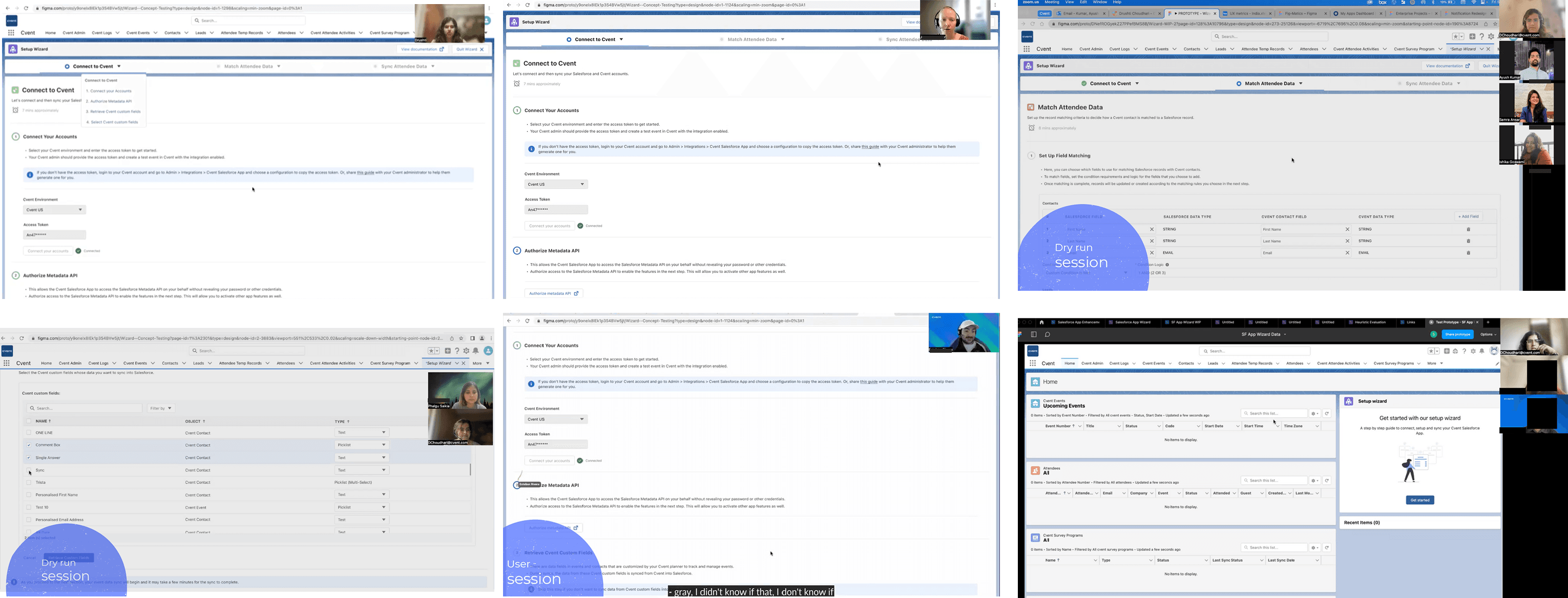 A grid of screenshots from remote moderated sessions, each showing the Cvent Salesforce prototype on screen with participant and moderator video tiles in the corner.
