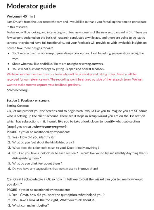 Page one of the moderator guide, with a forty five minute welcome script and the first section of feedback probes about the wizard screens and the quit option.