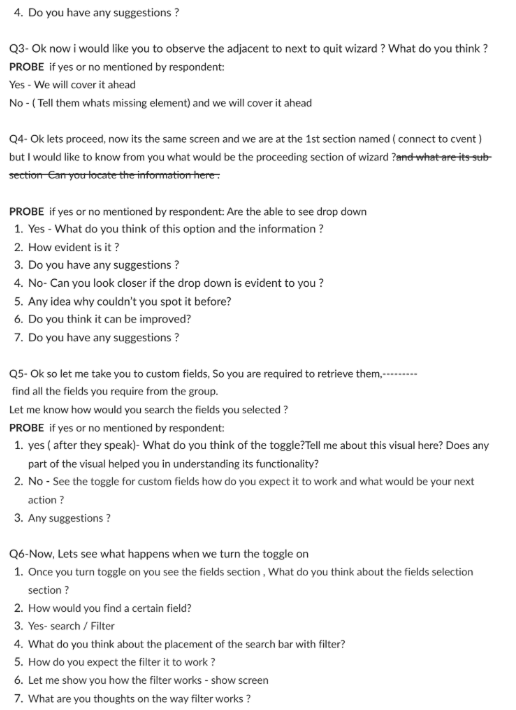 Page two of the moderator guide, with probes about the dropdown navigation, retrieving custom fields, the toggle behaviour and the search and filter.