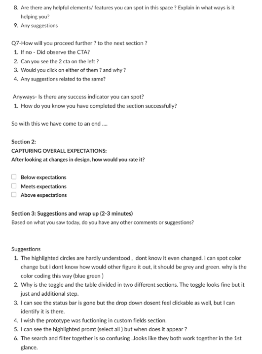 Page three of the moderator guide, covering the calls to action, an overall expectations rating from below to above expectations, and a suggestions and wrap up section.