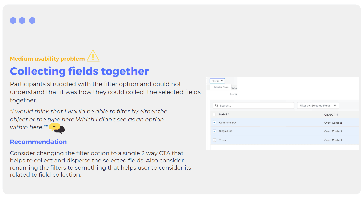 A recommendation card titled Collecting fields together, tagged medium usability problem, showing the filter by selected fields control, a user quote about expecting to filter by object or type, and a recommendation to turn the filter into a clearer two way action.