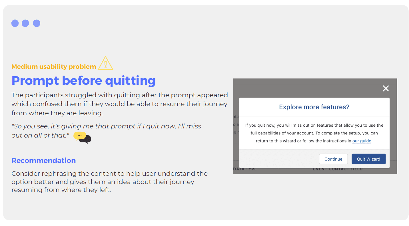 A recommendation card titled Prompt before quitting, tagged medium usability problem, showing the explore more features quit prompt, a user quote, and a recommendation to rephrase it so users understand they can resume later.