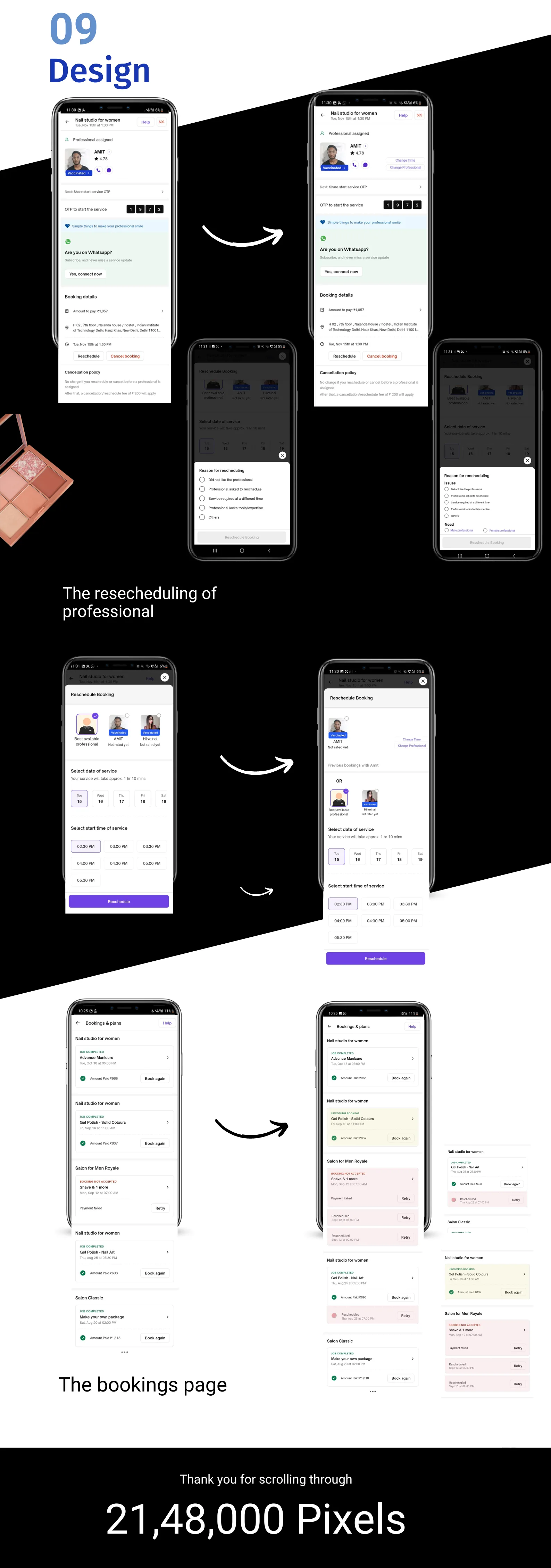 The design board: before and after phone screens for rescheduling a professional with a reason list, for the reschedule booking screen where professional and time slot are chosen separately, and for the bookings page grouped into scheduled, upcoming and cancelled services.