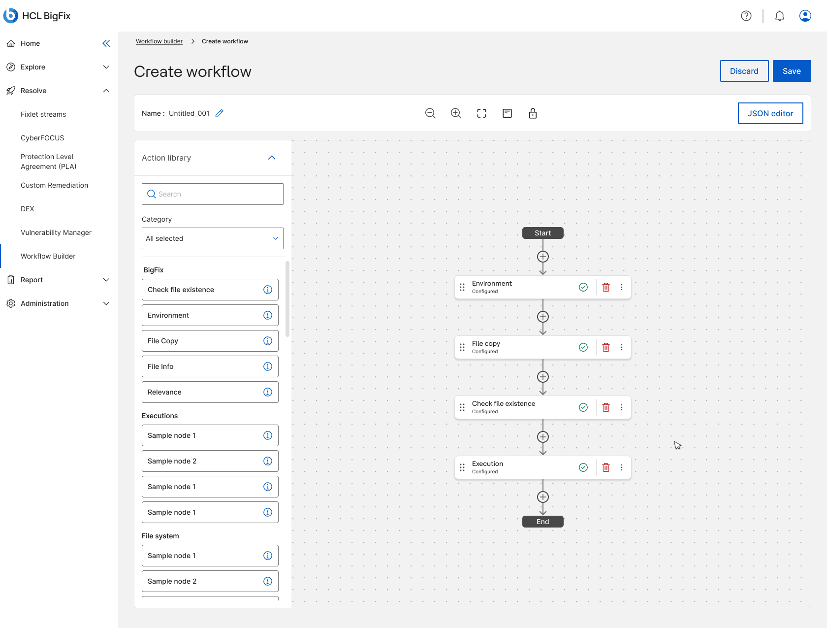 The Workflow Builder create-workflow canvas, with a docked action library on the left and a linear flow of nodes from Start to End.