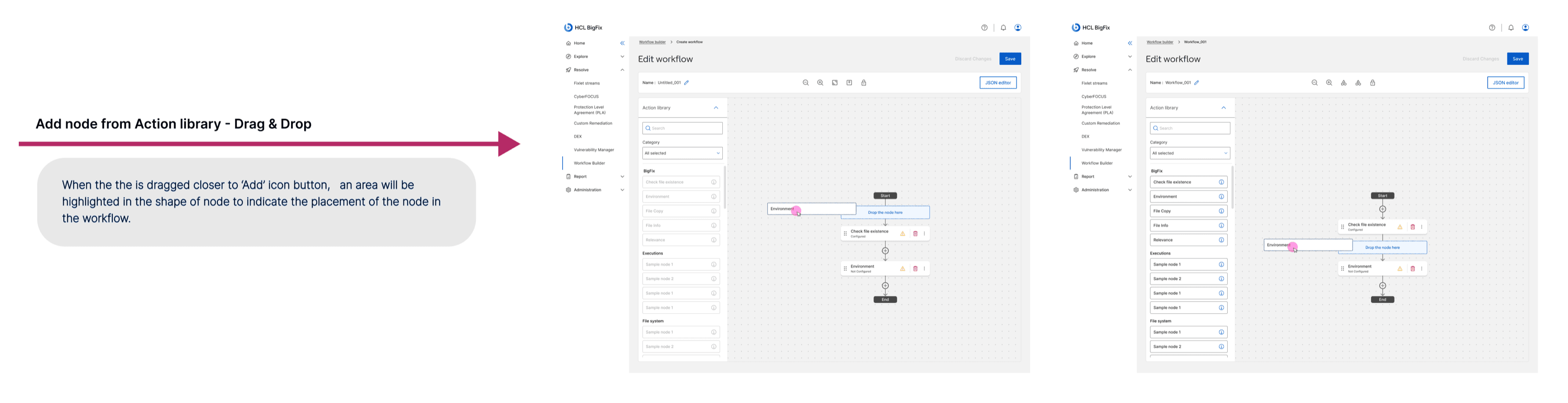 Adding a configured node to the workflow between the fixed Start and End nodes.