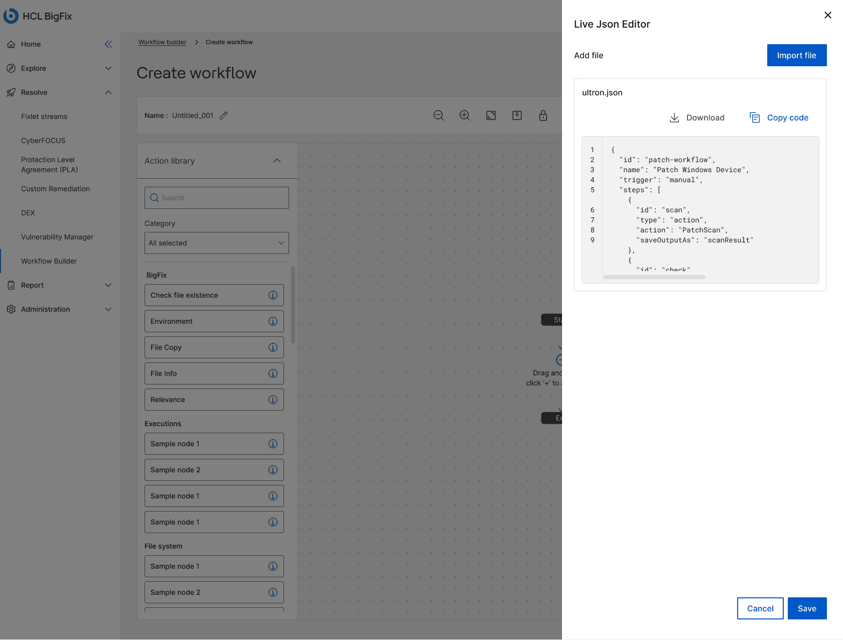 The live JSON editor open in a side drawer showing a workflow's JSON, with import, download, and copy controls.