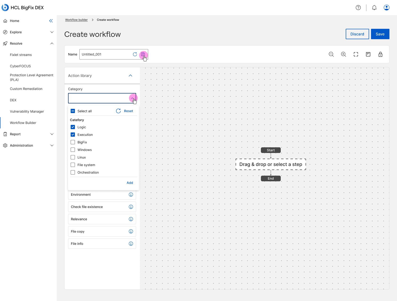 An early exploration of the create-workflow canvas with the docked action library.
