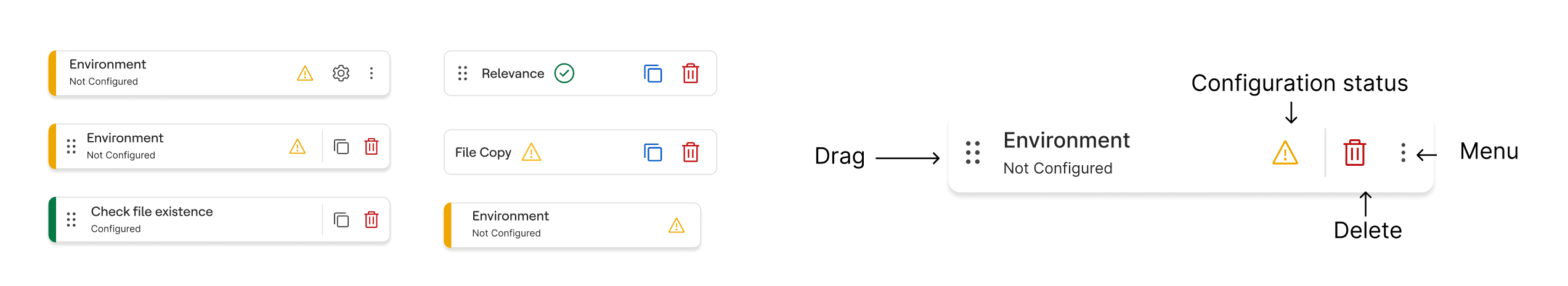 Node card explorations: two columns of node variants trying different combinations of drag handle, status icon, settings, duplicate and delete, beside an annotated final node calling out its four touchpoints — drag handle, configuration status, delete, and kebab menu.