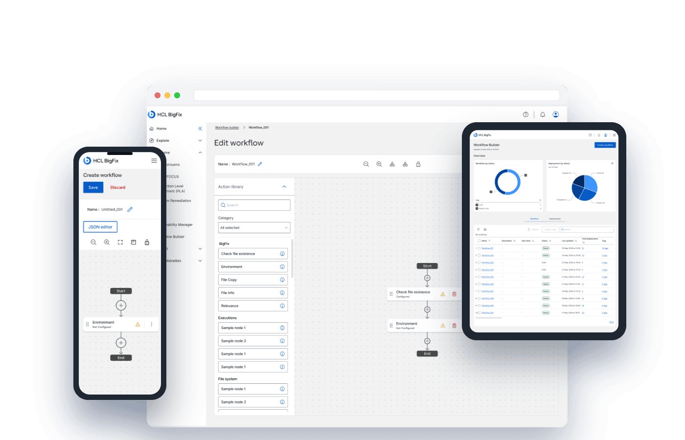 Workflow Builder across devices: the edit-workflow canvas with its action library on a laptop, the dashboard on a tablet, and the create-workflow view on a phone.