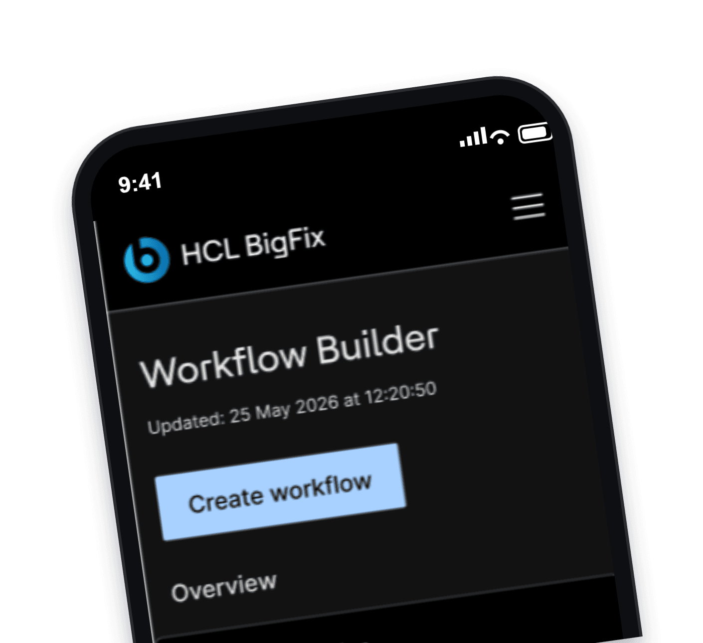 Workflow Builder in dark mode on a phone: the landing page with the Create workflow action.