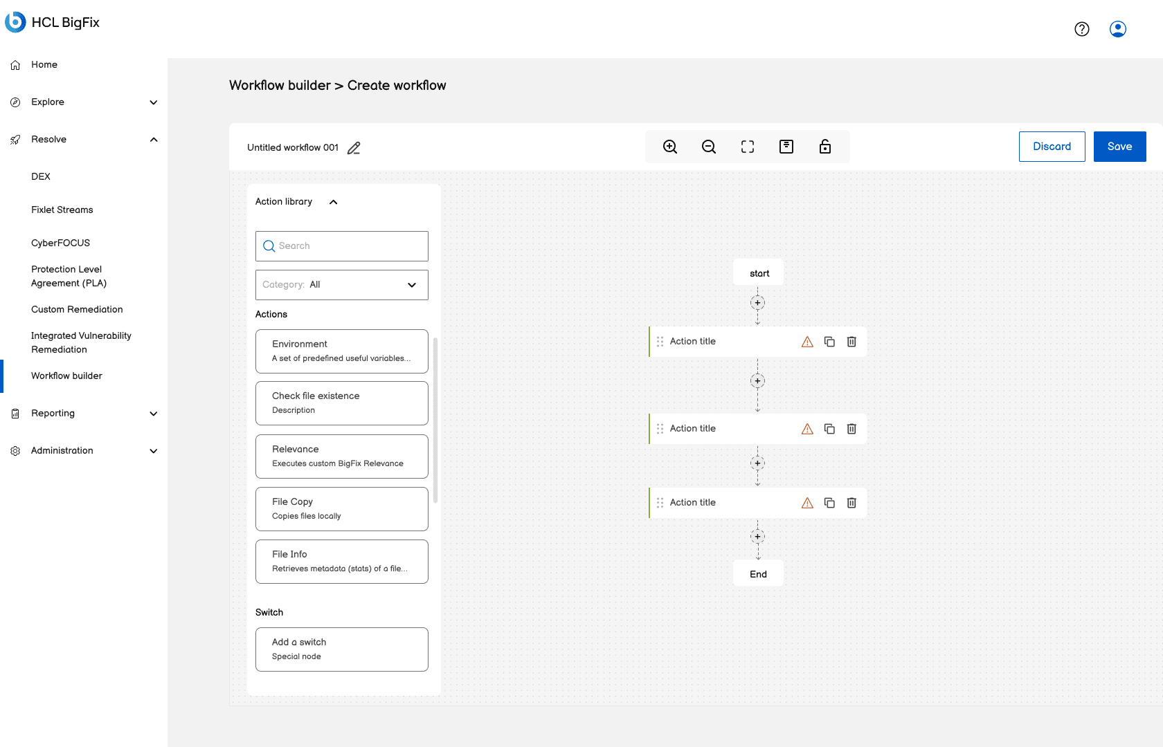 Wireframe of the create-workflow page: an action library docked on the left and an empty canvas with Start and End nodes.