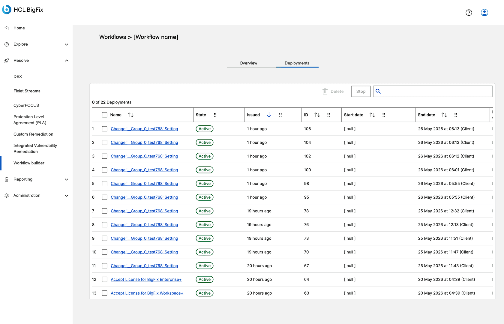 Wireframe of the deployments page: a table of deployments with statuses and dates.