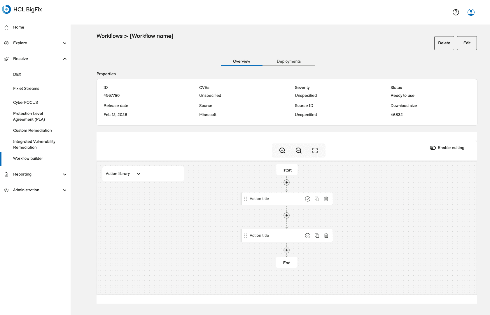 Wireframe of the workflow details page: deployment stats, properties and tags beside a read-only view of the workflow.