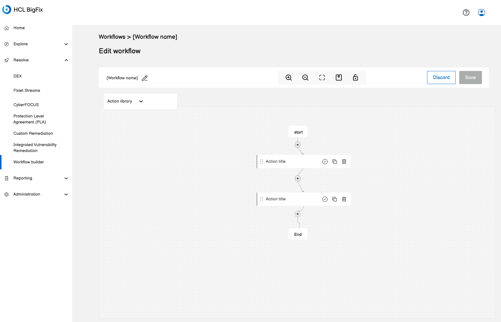 Wireframe of the edit-workflow page: an existing flow of nodes on the canvas with the action library available on the left.