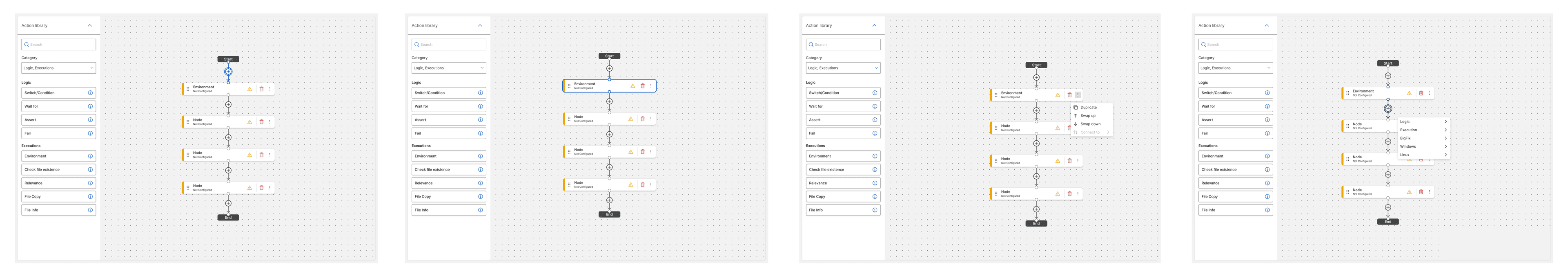 Four canvas states showing keyboard navigation: focus on the insertion point after Start, focus on a node with its outline highlighted, the kebab menu open with Duplicate, Swap up, Swap down and Connect to, and a category menu open from an insertion point.