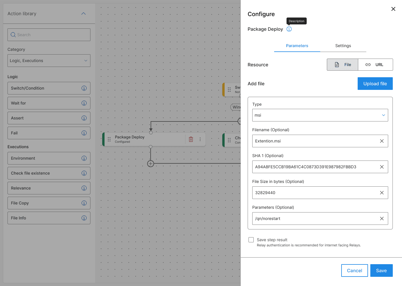 The configuration drawer open over the canvas for a Package Deploy node, with resource, file upload, type, filename, SHA1, file size and parameters fields, and Cancel and Save actions.