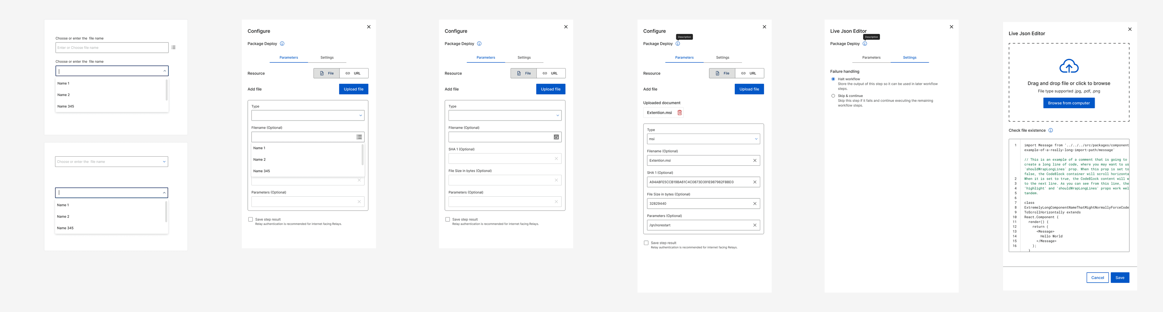 Seven panels of the configuration work: the suggestion dropdown in empty and open states, the Package Deploy configure drawer from empty to auto-filled with an uploaded document, the Settings tab with halt-workflow and skip-and-continue failure handling, and the live JSON editor with a drag-and-drop file upload and code view.