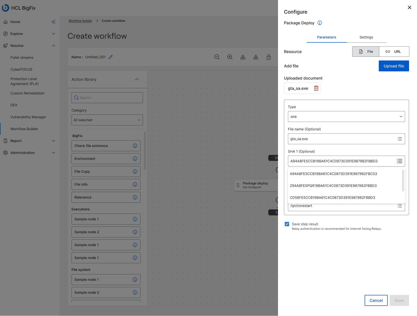 The Package Deploy configuration drawer with an uploaded file, type and filename fields auto-filled, and a suggestion list of past SHA1 values open under the SHA1 field.